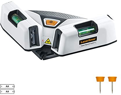 LASERLINER - SuperSquare-Laser 4 - Laser à lignes de 90° - Laser en Angle Droit - Laser Rouge - Portée 15m - Pose Carrelage, Sols et Murales - Toutes Surfaces - Utilisable comme niveau à bulle