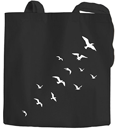 Autiga Jutebeutel lange Henkel Vögel Birds Fly Baumwolltasche Stoffbeutel Tragetasche Baumwolle schwarz 2 lange Henkel