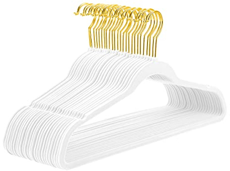 MIZGI Premium Velvet Hangers Pack 50 Pcs Heavy Duty - Non Slip Slimline - Velvet Suit Hangers White - Gold Hooks,Space Saving Clothes Hangers