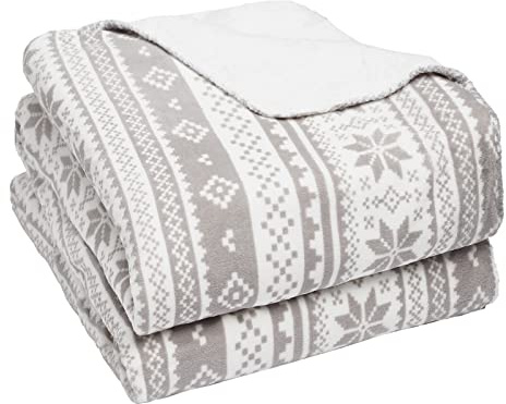 Dreamscene Christmas Fleece Blanket Large Sherpa Throw Faux Fur Cosy Blanket Soft Warm Sofa Throw Over, Nordic Silver Grey White 150 x 180cm