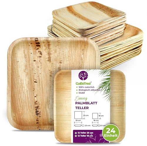 GoBeTree Assiettes Jetables Carrées en Feuille de Palmier, 24 Assiettes | Vaisselle Rigide Similaire au Bambou pour Mariage, Fête et Traiteur, 12 Assiettes de 25 cm et 12 de 18 cm, Micro-Ondes
