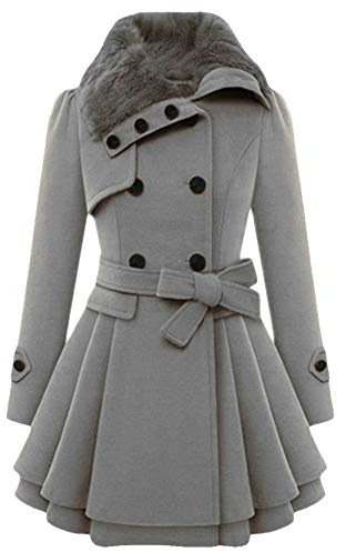 YMING Mujeres Chaqueta Chaqueta De Mezcla De Lana Chaqueta De Manga Larga Trench Coat De Pecho Con Cinturón Gris XS