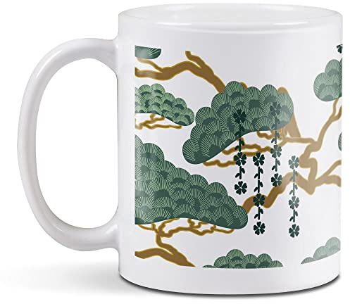 1 taza de cerámica blanca de 11 oz (284 ml) - diseño oriental de árbol bonsái japonés para café, té, bebidas, cocina, cumpleaños, oficina, diversión #2037