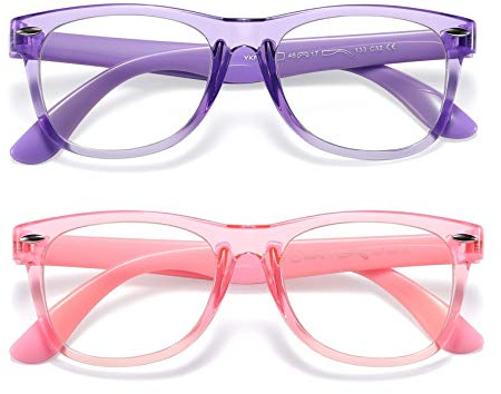 DYLB Kids Blue Light Blocking Glasses Girls Boys 2 Pack, Computer Glasses for Kids Girls Boys Age 3-10,Anti Blue Light & Headache (Transparent Purple + Transparent Pink)