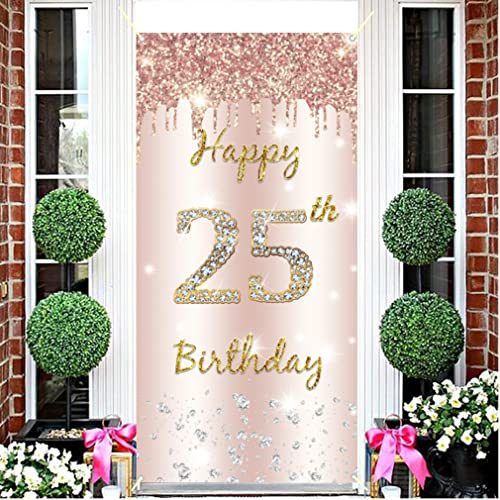 25. Geburtstag Deko Frauen 25th Birthday Hintergrund Banner Türdekoration | Roségold 25 Geburtstag Geburtstagsfeier Willkommensschild, 25th Birthday Decorations Door Banner for Women, 90 x 180cm