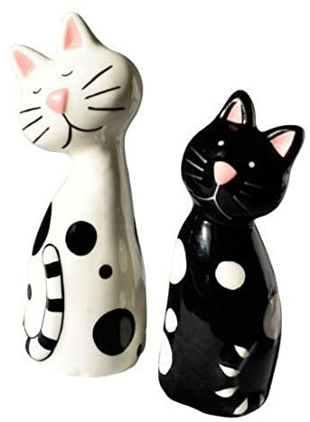 Novelty Ceramic Cute Cats Cruet Set - Salt and Pepper Pots/Shakers - Black/White - 12.5 cm