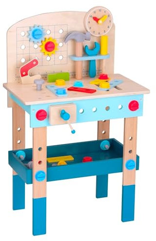 Tooky Toy Werkbank aus Holz - Werkzeugbank für Kinder mit 45 Teilen, inkl. Hammer, Säge, Schraubendreher & mehr - Ab 36 Monaten