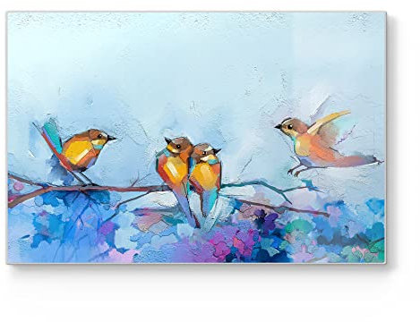 DEQORI Schneidebrett aus Glas | groß 30x20 cm | Motiv Vier Vögel auf Ast | Design Schneideplatte für Küche | Frühstücksbrett antibakteriell & rutschfest | Glasplatte & Servierplatte