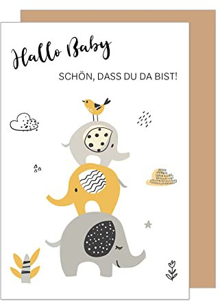 Edition Seidel Premium Glückwunschkarte zur Geburt mit Umschlag. Karte Ereigniskarte Grusskarte Hallo Baby, schön dass du da bist Ereignis Elefanten (E261 SW023)