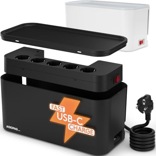 Kabelbox mit Steckdosenleiste USB - 5-Fach Steckdose, USB-C und USB-A Schnellladegerät, Überspannungsschutz, 33 x 14 x 14 cm - Zum Kabel verstecken, Kabelmanagement Box, Kabelbox Schwarz - ACROPAQ