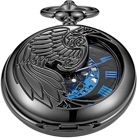 Tiong Black Hollow Hand Wind Mechanical Pocket Watch, Black Dial Blue Roman Numerals Pocket Watches for Men Gifts