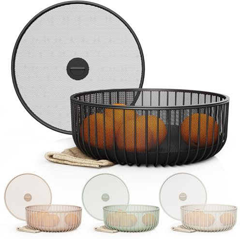 LIBKEN Metal Fruit Bowl with Mesh Lid and Basket - Fruit and Vegetable Holder For Kitchen Counter - Countertop Display Baskets Organizer - Bowl Storage for Veggie, Fruits, Snack, and Banana - Black