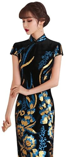 Long Cheongsam Young Girl 2023 Nuovo Stile Cinese Migliorato Retro Qipao Abiti da Sposa Eleganti for Le Donne (Color : Black, Size : L)