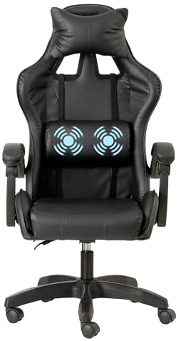 Baroni Home Sedia da Gaming Ergonomica con Massaggiatore Lombare, Sedia da Ufficio con Schienale Reclinabile con Cuscini Regolabili Poggiatesta e Supporto Schiena (Nero)