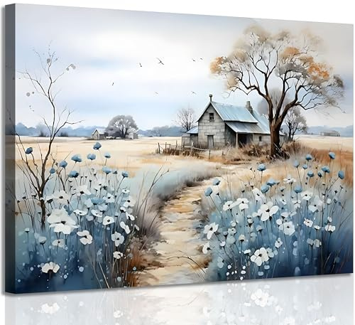 Framed Rustic Farmhouse Canvas Wall Art Beautiful Field Painting Wildflower Barn Print Nature Scenery Picture French Countryside Poster for Bathroom Bedroom Living Room Office Wall Decor 16x24in