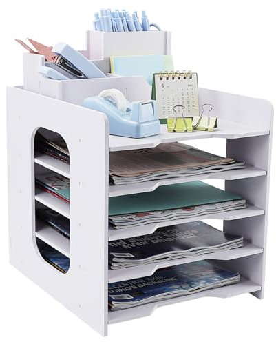 IOUGDSEC Schreibtisch-Organizer mit 5 Ablagefächer, Dokumentenhalter mit Stifthalter, A4-Format, Briefablage, Dokumenten Briefablage mit Schublade für Büro, Schule, Zuhause
