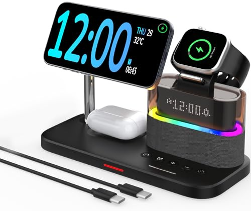 5 in 1 Wireless Charger with Alarm Clock for iPhone 17/16/15/14/13/12 | Magnetic Wirelss Charger Stand for Apple,Charger for iWatch 11/10/9/8/Ultra 3/2/1,AirPods 4/3/2/Pro3/1(Black)