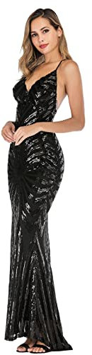 Kleider Damen Festlich Langarm A Linie Paillettenkleid elastische Drillpartys Frauen Mesh sexy V-Ausschnitt heiße Lange Kleidung schlank Bankettkleid Cocktail Kleid Sexy (Black, L)