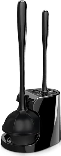 Brosse WC 2 en 1 et piston robuste avec support – Essentiels d'appartement pour la nouvelle maison, outils de nettoyage – Brosse à récurer indispensable, accessoires de salle de bain, noir
