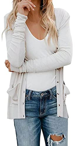 bgyujn Cardigan à manches longues pour femme, boutonnière ouverte avec poches, plumeau décontracté, cardigan léger à fleurs, cardigan pour femme, noir, classique, élégant, Blanc., XL