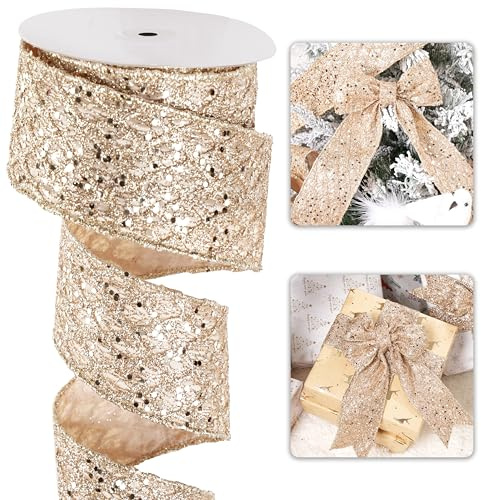LIZLOVESS Champagne Christmas Ribbon 2.5 Glitter Mesh Wired Ribbon for Christmas Tree Champagne Gold Diamond Honeycomb Ribbon for Gift Wrapping, Crafts, Wreath, Garland, Tree Topper Bows - 10 Yards