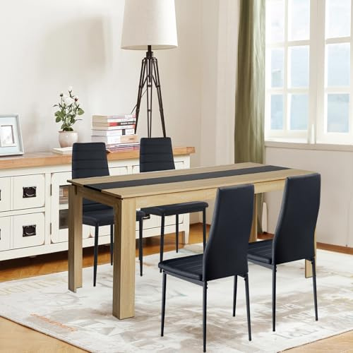 FURNITABLE Esstisch mit 4 Stühlen Esszimmergruppe, Essgruppe mit Hochlehner Kunstleder Stuhl für 4 Personen, Sitzgruppe für Küche Esszimmer Wohnzimmer(160cm Eiche-Schwarz Tisch+4 Schwarz Stühle)