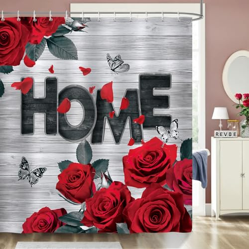 Bonhause Duschvorhang Valentinstag Rote Rose Blumen Retro Vintage Home Duschvorhänge 180 x 180 cm Anti-Schimmel Wasserdicht Polyester Stoff Waschbar Bad Vorhäng für Badzimmer mit 12 Haken