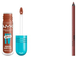 Lippen Make-Up Set aus NYX Professional Makeup Gloss Serum Lip IV, Caramel Drip, feuchtigkeitsspendender Lipgloss, 5 ml + NYX Professional Makeup Lipliner, Mattes Finish, Line Loud, 6 Leave A Legacy