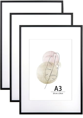 KAIWIN A3 Picture Frame Black Set of 3, Wooden Poster Frame suitable for A4 with mat, A3 Picture Frames for Wall Mounting Display for Home,Office,Gallery,Holiday with Photos, Posters, Puzzles