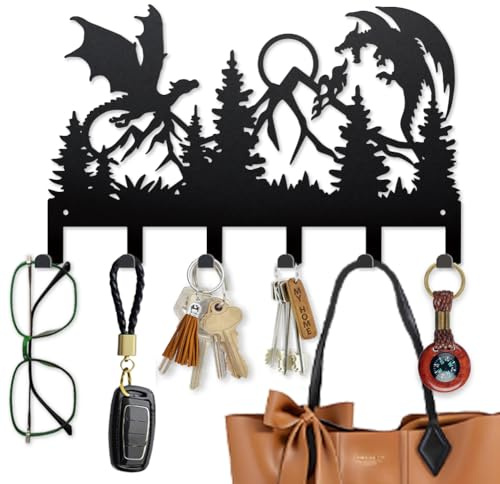 MAYJOYDIY Double Dragon Battle Metal Key Hook Mountain Forest Coat Rack Wall Mounted 15.7×9.8inch Art Wall Decor Key Holder Organizer Rack with 6 Hooks for Gift Coats Hats Towels Bags Hanging