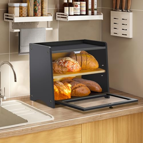 RayLove Bambus Brotkasten, Hölzerner Brotkastens, 2-Lagiger Brotbehälter, Verwendet für Die Lagerung von Brot, Selbstmontage (Schwarz)