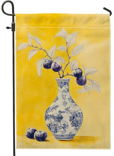 Bandera de jardín de ciruelas amarillas, jarrón de frutas floral, decoración del hogar, bandera de arpillera de doble cara, decoración de césped al aire libre, 12 x 18 pulgadas