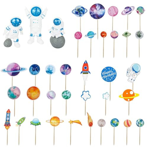 UOPJDD 4 Set di Inserti per Carte A Tema Pianeta E 3 Pezzi Ornamenti Astronauti, Decorazioni per Torte, Forniture per Feste di Compleanno A Tema Spaziale.