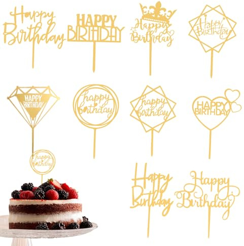 20pcs Happy Birthday Cake Toppers Gold Acrylic Cake Toppers for Decorations | 10 Different Shapes, Glittering Cupcake, for Birthday Event Party Supplies