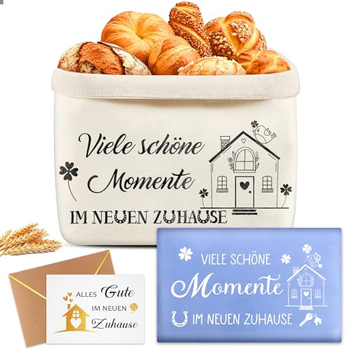 Giftota Einweihungsgeschenk für Wohnung Haus, Brotkorb Stoff mit 70 x 50 cm Geschirrtuch und Glückwunschkarte, Geschenk zum Einzug, Geschenkideen für Familie und Freunde