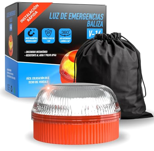 XAUSLY Luce di Emergenza LED V16 - Segnale Stradale ad Alta visibilità - Base Magnetica e Custodia Protettiva - Funziona con Pile AAA+ (Incluse) - 4 modalità di Luce per Sicurezza Auto e Moto