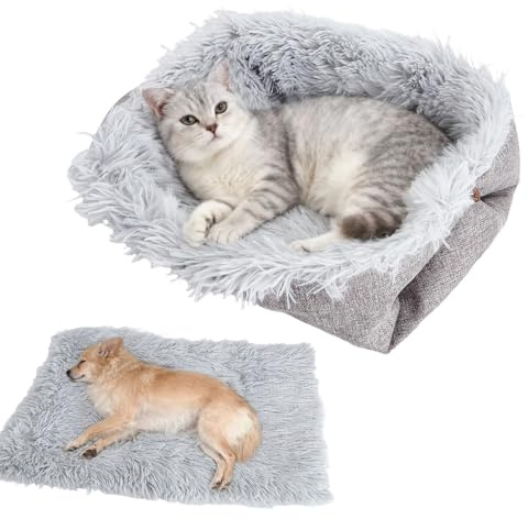 Cuccia per Gatto 2-in-1 Lavabile con Chiusura a Bottone,Cuscino per Gatti Morbido e Confortevole, Cuccetta per Gattis o Letto per Gatti, Cuscino Gatto in Peluche Grigio 61×51 cm