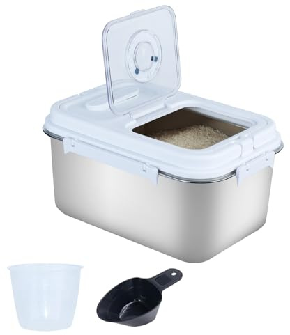 MC MEICHUANG 10L Stainless Steel Rice Storage Container, Food Dispenser with Airtight Flip Lid, Kitchen Canister for Rice Flour Sugar Grain Baking Supplies Pet Food – Stackable (Silver)