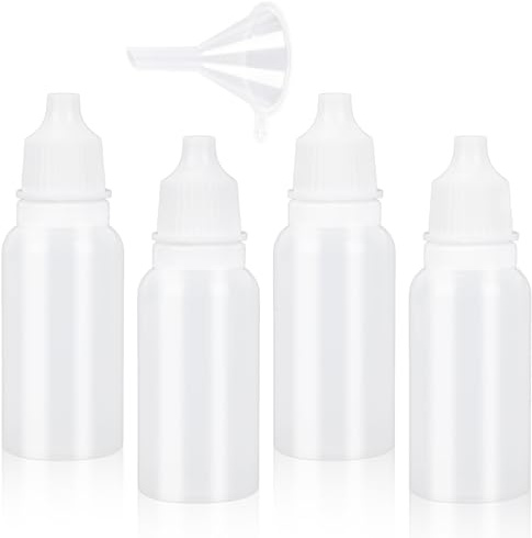 5st Små 15 ml Plastdroppflaskor (4 Flaskor + 1 Tratt) för Ögondroppar, med Lock och Proppar Klämbara att Bära med Sig Lämpliga för Resor (Vita)