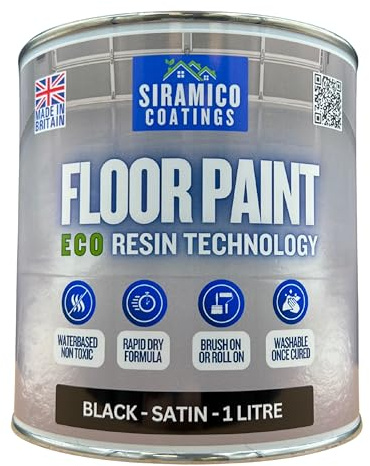 SIRAMICO COATINGS Floor Paint | 1 Litre | Satin | Water-Based Quick-Dry Formula - Non-Toxic, No-VOC, Durable Coating for Concrete, Brick, Stone & Wood Floors (Black)