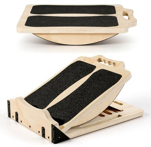 MoKo 2-in-1 Wooden Slant Board & Balance Board, 4 Adjustable Inclines Calf Stretcher for Knees, Ankles, Heels, Feet and Legs, Non-slip Stretch Boards Support up to 220lbs