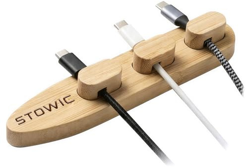 STOWIC Bamboo Magnetic Cable Organiser, 3 Magnetic Cable Clips, Desk Cord Holder, Self-Adhesive, Home Office Cable Management | Sustainable Bamboo Material