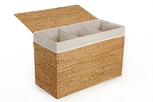 VIVANNO Wäschekorb Wäschesammler Wäschebox 3 Fächer Wasserhyazinthe DIVIDE natur, herausnehmbares Innenfutter aus waschbarer Baumwolle (Handwäsche)
