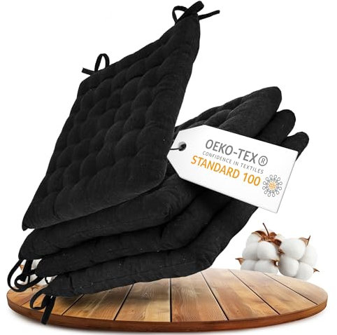 Gräfenstayn® Set de 4 Cojines, Cojines para Silla de 40 x 40 x 5 cm para Interior y Exterior de 100% algodón Acolchado Grueso/cojín para el Suelo (Negro)