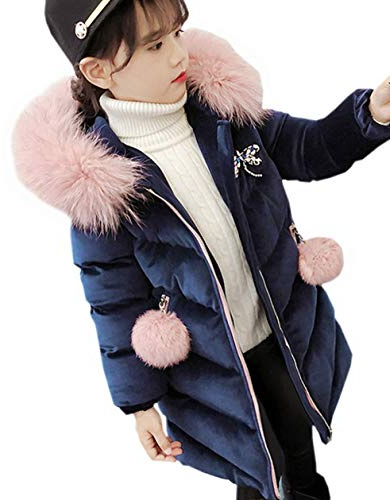 Nemopter Enfants Fille Manteau Hiver Automne Gold velvet Mi Longue Vêtement Doudoune Chaud Capuche Fourrure Zip Poches Parka