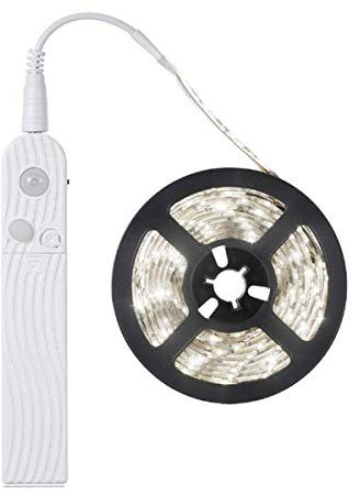 FOLGEMIR 3m LED Band mit Bewegungsmelder, Batterie betriebene Nachtlicht mit PIR-Sensor, wasserdichte Schrank Beleuchtung, 6000K Weiß Lichterkette, selbstklebend (6000K Weiß, 3 Meter)