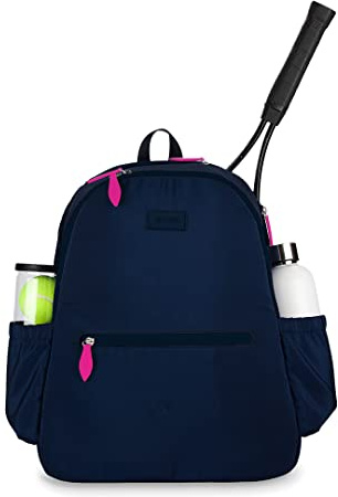 Ame & Lulu Courtside 2.0 Tennis Backpack - Padded & Adjustable Straps - Contains Two Exterior Water Bottle Pockets - Navy