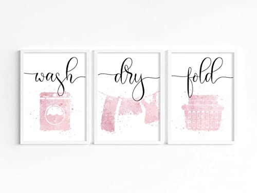 Wash, Dry Fold Laundry Prints for utility room decor, pink laundry room decor, utility accessories (A4, Grey)