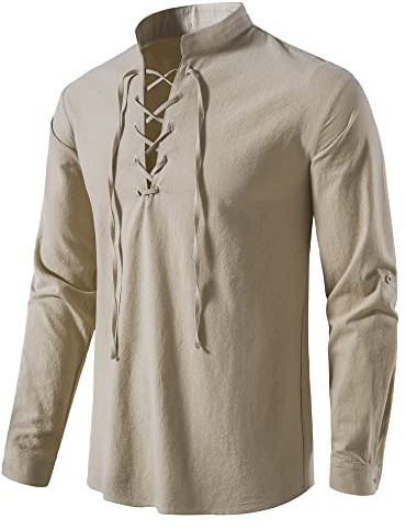 MakingDa Renässansdräkter för män retro LARP snörning skjortor toppar för pirat viking medeltida, Khaki, XL