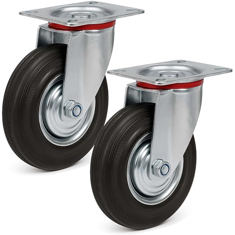Wiltec Kit de 2 Roulettes pivotantes en caoutchouc plein – Ø 160 mm – Capacité de charge 130 kg – Roue avec Jante en métal et Plaque de montage – Transport Appareil Accessoire Meuble